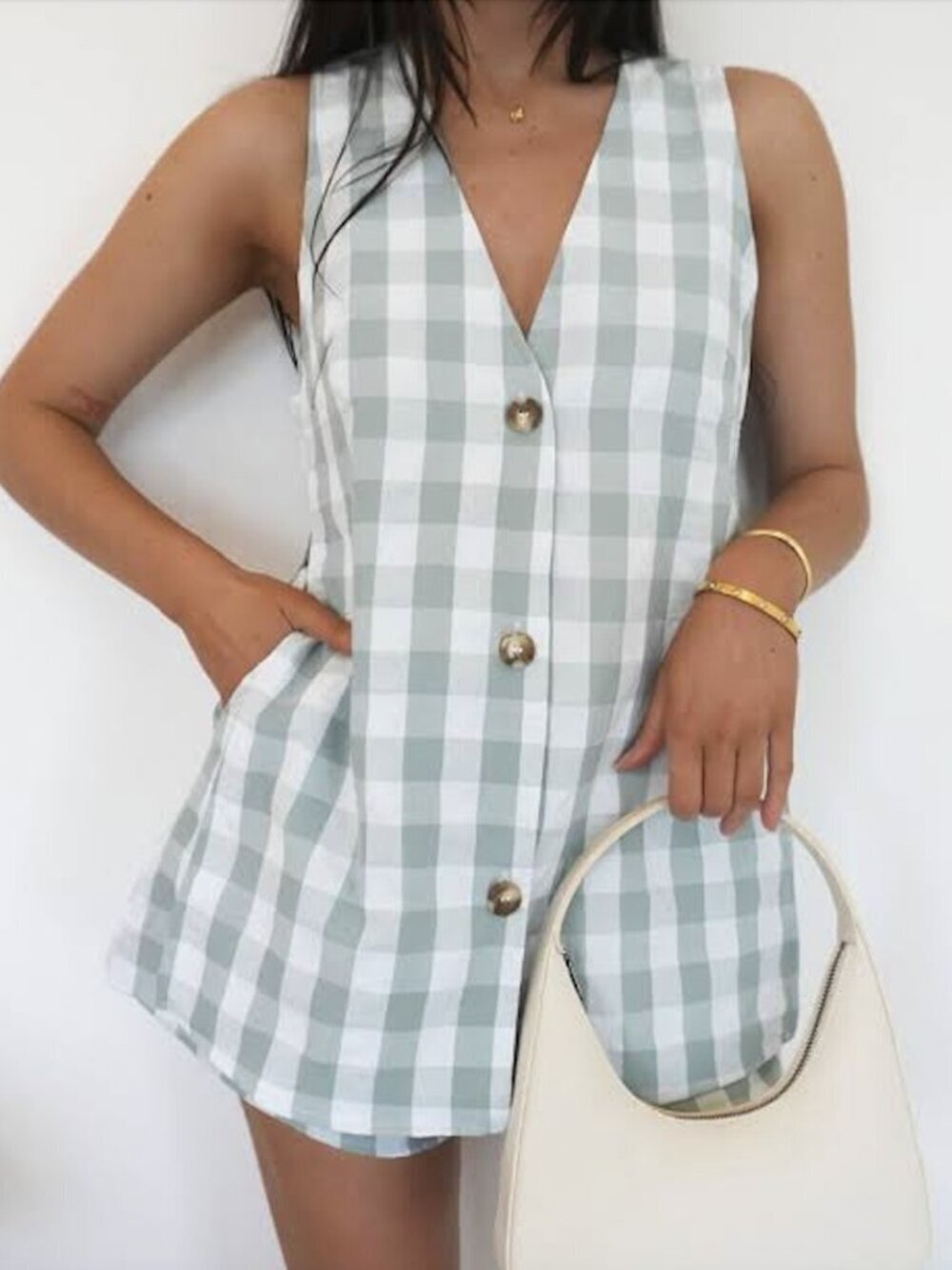 PETAL & PUP Miller Gingham Vest & Shorts Set in Sage Gingham Size Small